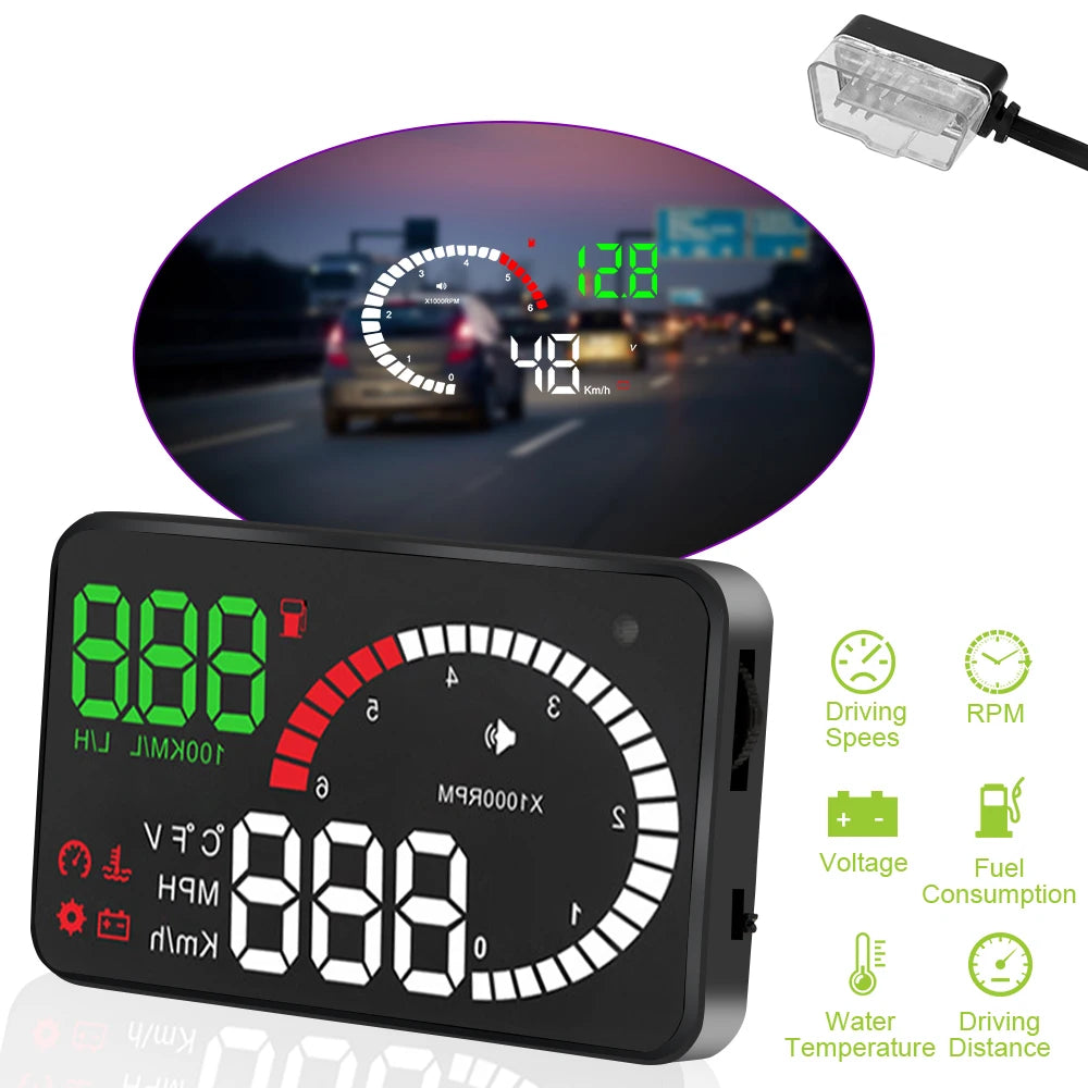 OBD2 HUD Car Head Up Display Voltage Alarm LED Windshield Projector 4" X6 Data Diagnostic Tool Speed Fuel Warning 5.5" A8