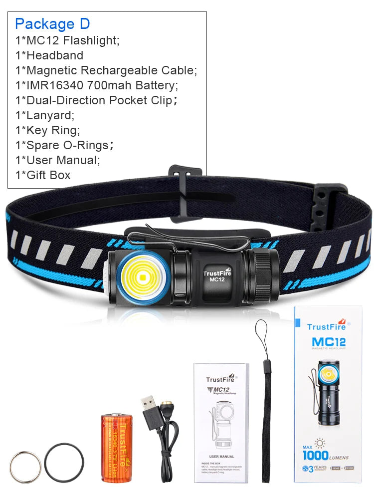 TrustFire MC12 EDC Powerful LED Headlamp 1000Lumens Magnetic Rechargeable Head Lamp XP-L HI Camping Torch Flashlight