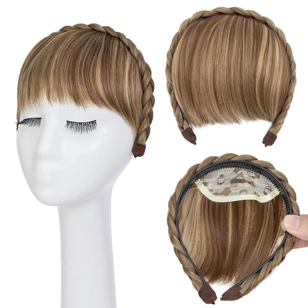 NEW Elegant Braided Headband With Hair Bang for Women Hair Extensions Synthetic Bangs Braided Wig Straight Neat Bangs Hairpieces