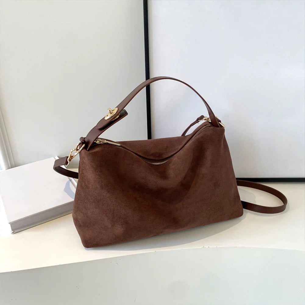 Fashion Autumn Winter Big Boston Tote Soft Matte Suede Cow Leather Women's Handbag Shoulder Crossbody Bag For Women Grey Brown