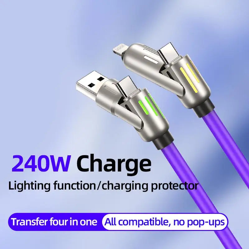 240W 4 in 1 Functional Super Fast Charge USB Type C Liquid Silicone Aluminum Alloy Data Cable For iPhone Huawei Samsung Xiaomi