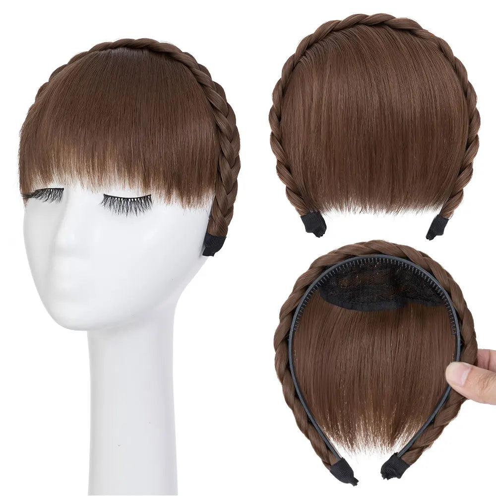 NEW Elegant Braided Headband With Hair Bang for Women Hair Extensions Synthetic Bangs Braided Wig Straight Neat Bangs Hairpieces