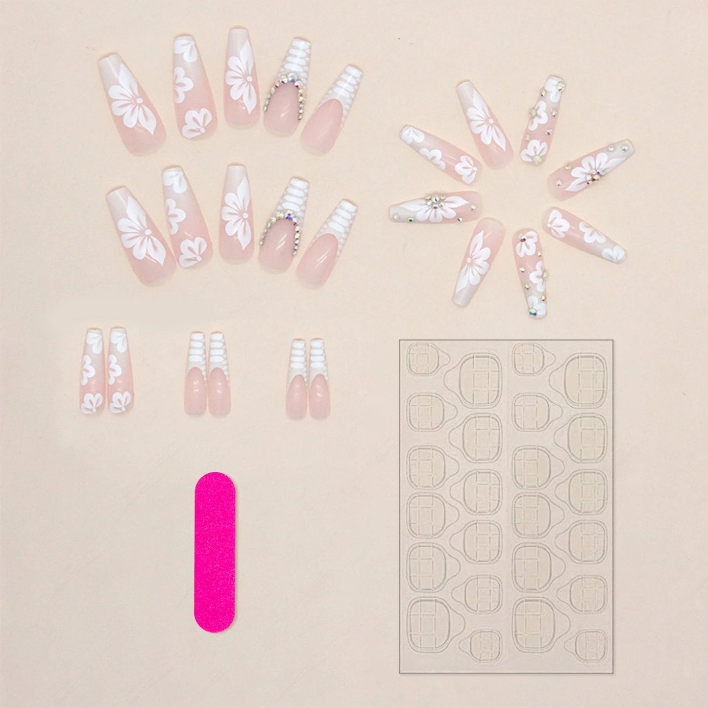 24pcs Detachable White Flower Patterns Fake Nails Polish-free Durable Use Nail Manicure Set attract attention fashion