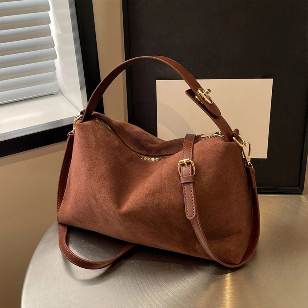 Fashion Autumn Winter Big Boston Tote Soft Matte Suede Cow Leather Women's Handbag Shoulder Crossbody Bag For Women Grey Brown