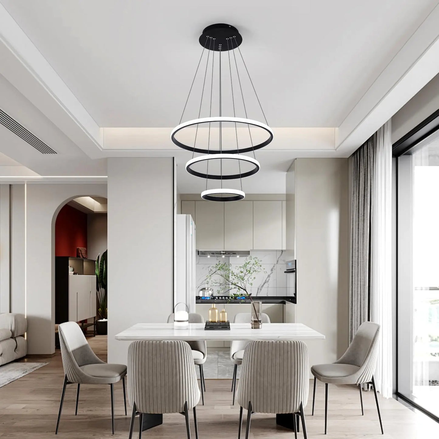 Dimmable Modern LED Chandelier,3 Rings Black Pendant Light with Remote,3000K-6500K Adjustable,40W Ceiling Light for Bedroom