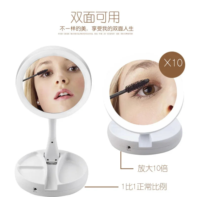 Foldable USB Charging or Battery Led Mirror Makeup White Vanity Cosmetic Mirror with Light 10X Magnifying Table Mirrors