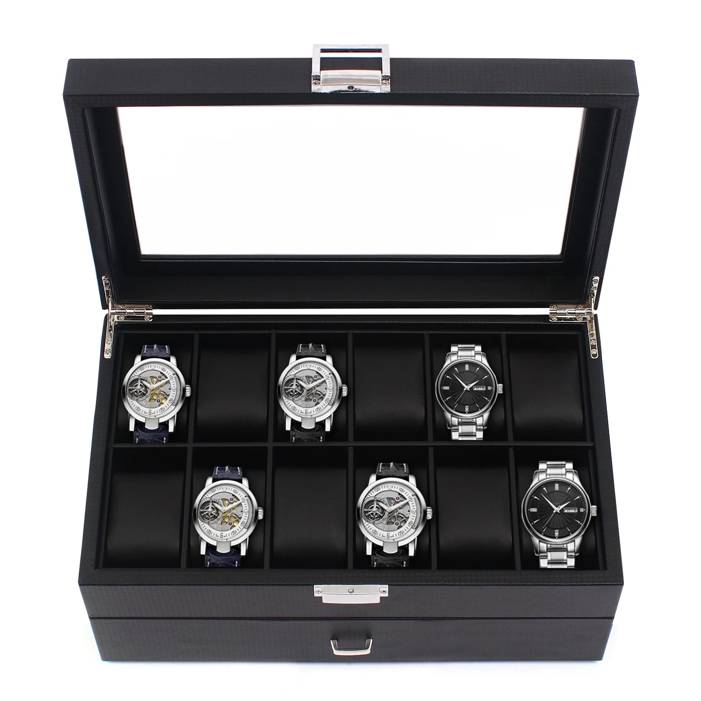 Watch Box 24 Mens Case Glass Top Black and Display Organizer Lockable