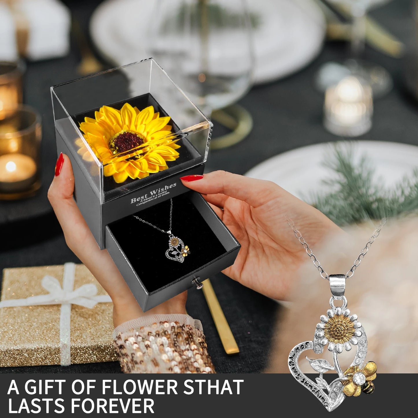 Artificial Sunflower Gift Box Necklace Set Flower Jewelry Box Valentine's Day Christmas Anniversary Gifts for Women Girlfriend