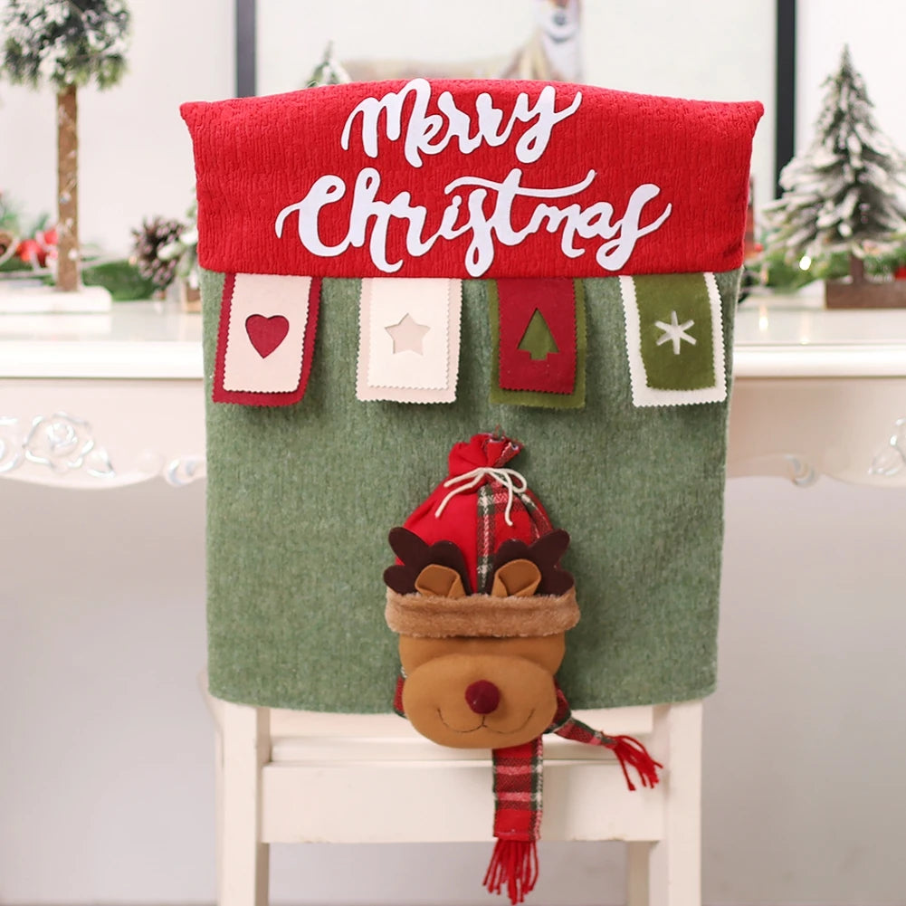 Reusable Christmas Chair Cover 3D Santa Claus Elk Chair Seat Cover Home Xmas New Year Supplies Christmas Decoration