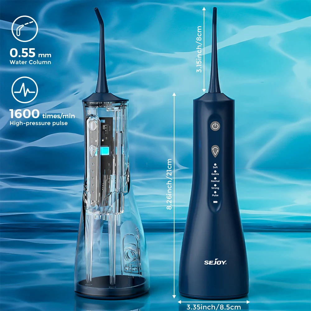 Irrigador bucal portátil Sejoy Water Flossers para dientes de 300 ml, recargable, con 5 modos, tanque de agua, limpiador de dientes a prueba de agua