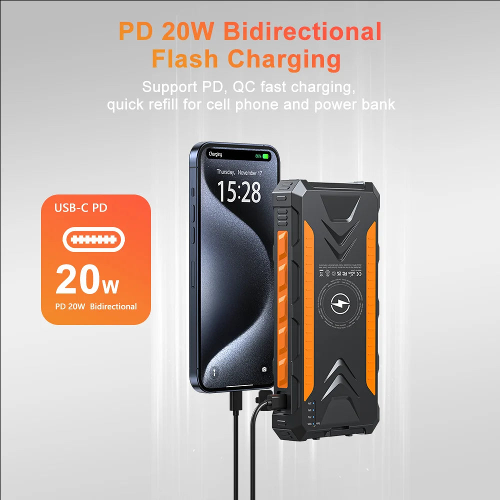 20000mAh wireless charging solar power bank, waterproof and dustproof with flashlight, outdoor hunting and camping accessories