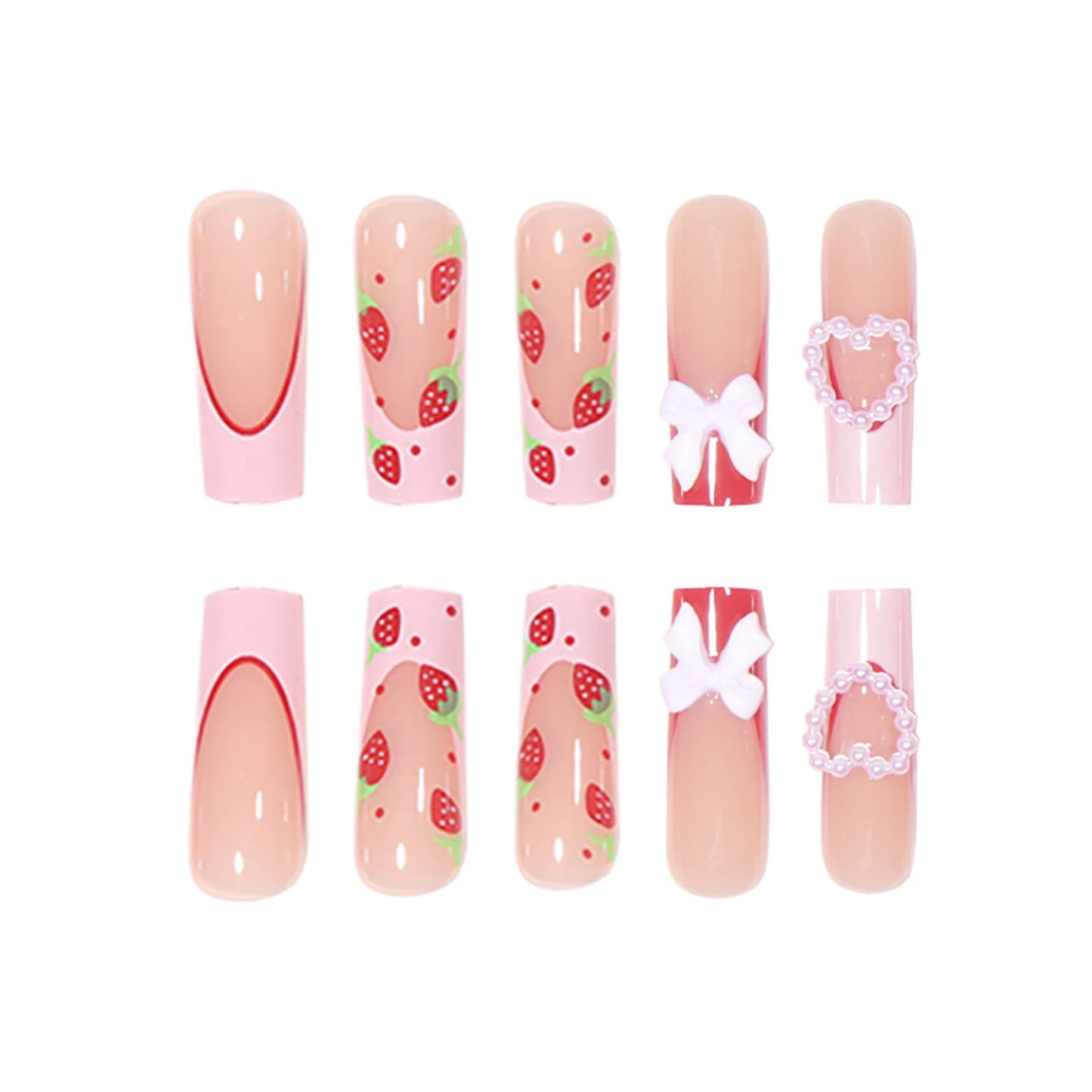 24 Pcs Press On Nails Pink Strawberry Fake Nails Glossy Artificial Finger Manicure Reusable False Nails For Women