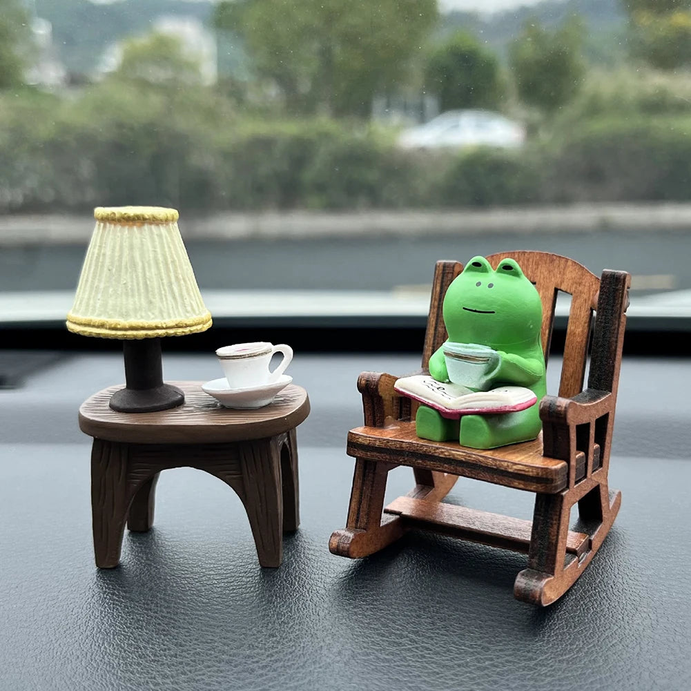 Frog Drinking Coffee Ornament Creative Cartoon Frog Animal Statue Miniature Frog Read Book Figurines for Shelf Desk Decoration