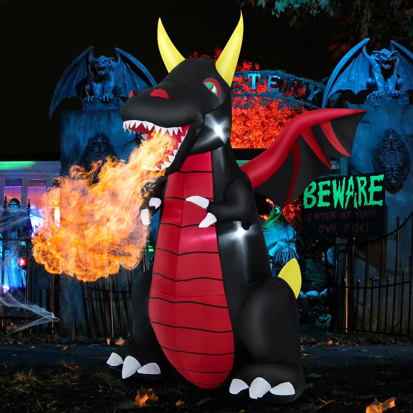 8 FT Halloween Inflatable Fire Dragon Giant Blow up Decoration with LED Lights