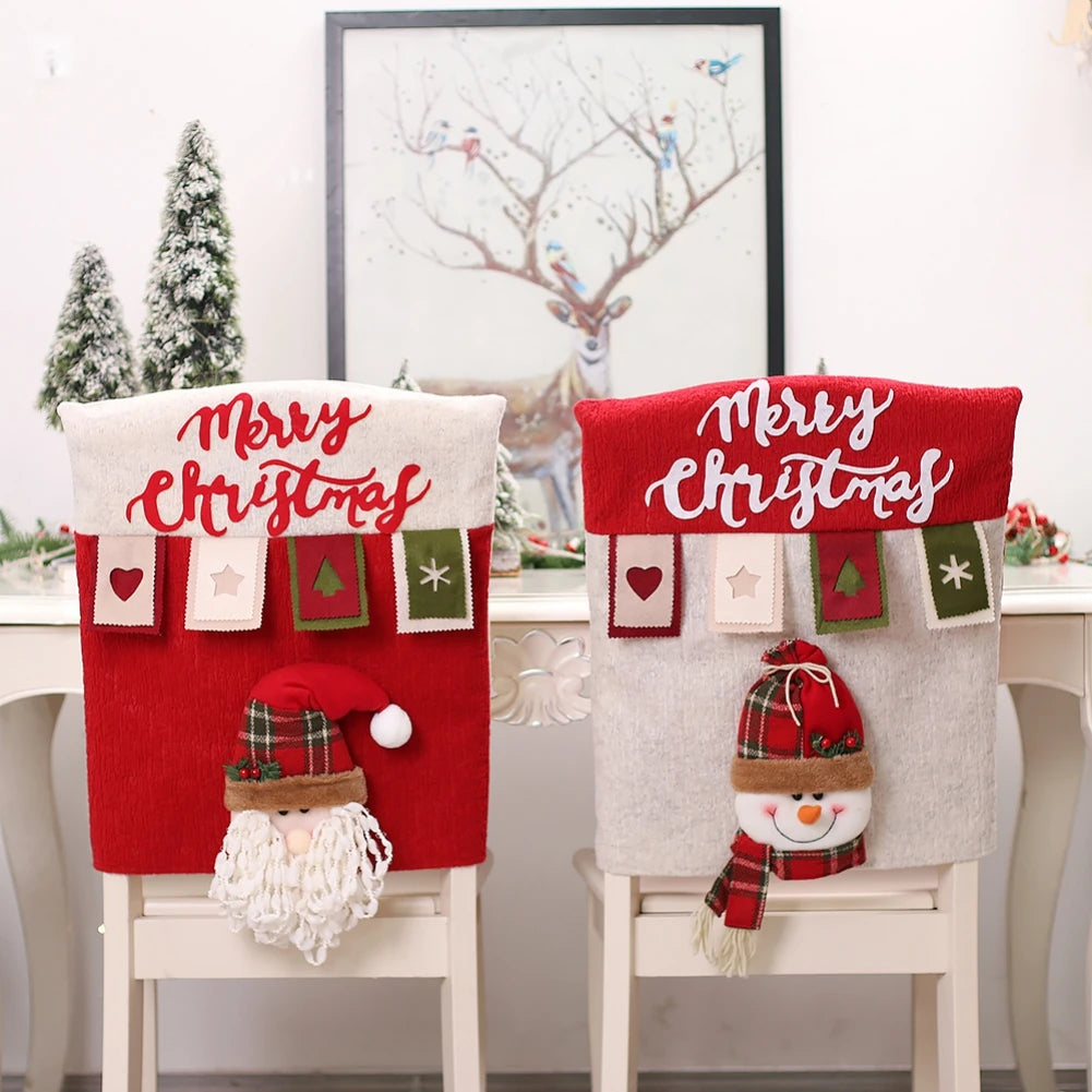 Reusable Christmas Chair Cover 3D Santa Claus Elk Chair Seat Cover Home Xmas New Year Supplies Christmas Decoration