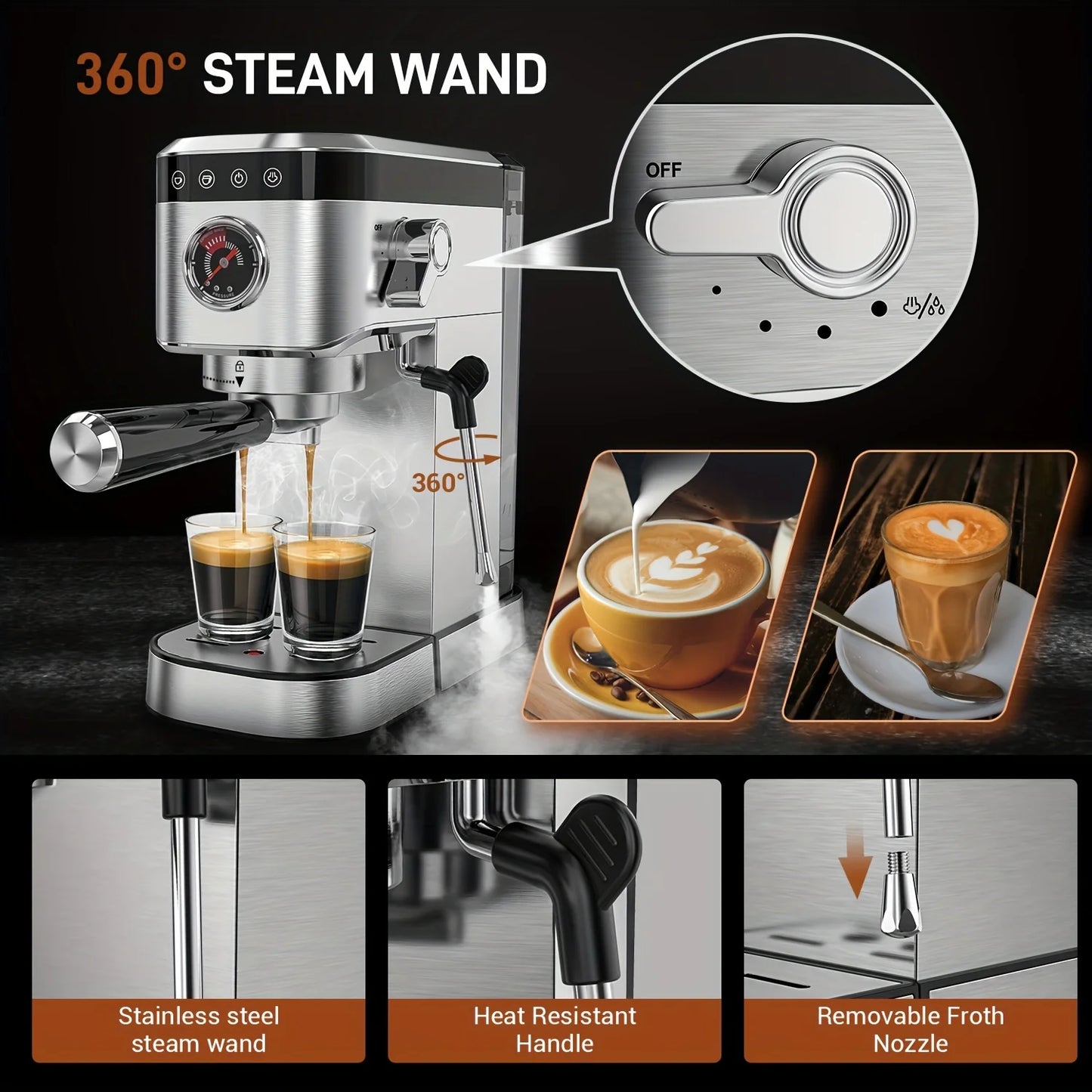 Sejoy Espresso Machine For Newbie Professional Espresso Maker With Milk Forth Steam Wand Latte-art Cup Compact Coffee Machine