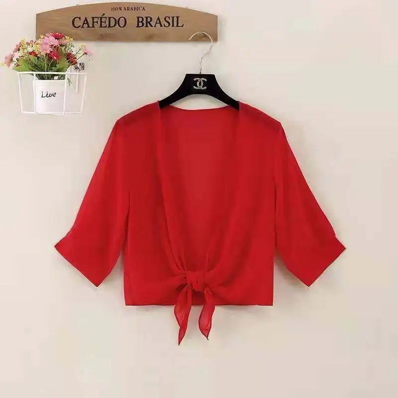 【Only Top】Fashion Thin Chiffon Cardigan Half Sleeve, Solid Color Sun Cape Thin Soft Fabric （No Dress）