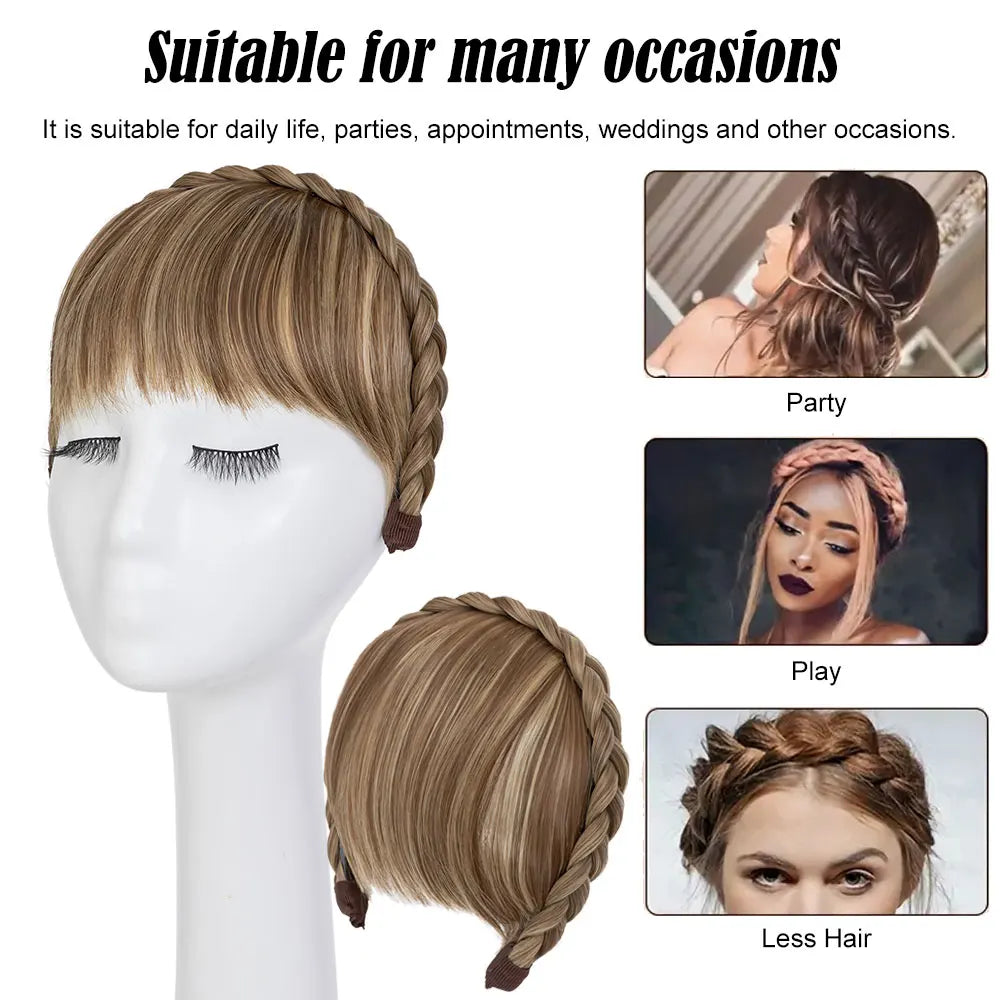 NEW Elegant Braided Headband With Hair Bang for Women Hair Extensions Synthetic Bangs Braided Wig Straight Neat Bangs Hairpieces