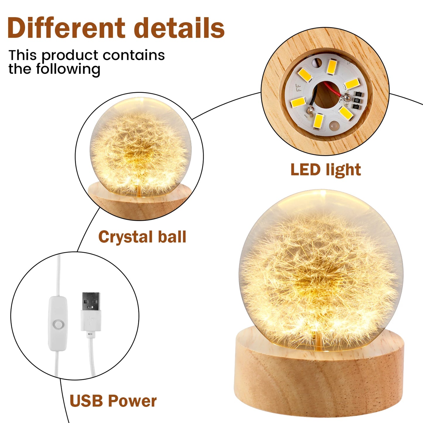 Dandelion Crystal Ball with Wooden Base USB Powered Dandelion Crystal Ball Night Lamp Fancy Crystal Ball for Home Decoration