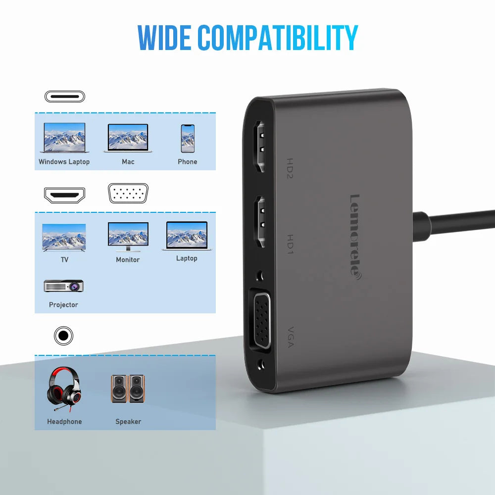 Lemorele 2 Port USB C Hub to Dual HDMI 4K 60HZ Dual Screen Expansion Type C VGA Docking Station For Macbook Laptop Mobile Phone