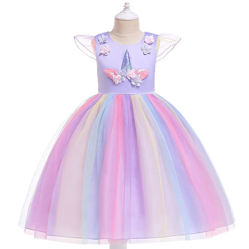 Girl Unicorn Cosplay Party Dress Rainbow Tutu Gown Kids Floral Summer Dresses Girls Birthday Tulle Clothes Children New Costumes