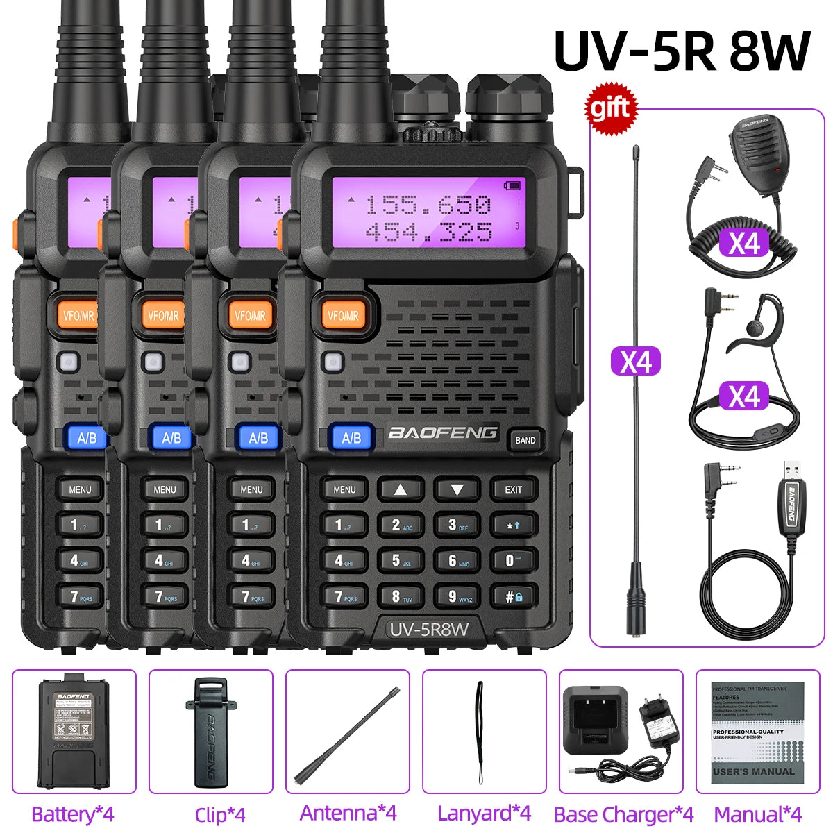 4X Baofeng UV-5R 8W Walkie Talkie Dual Band VHF UHF Long Range High Power Ham Radio UV5R 5R Handheld Two Way Radio For Hunting