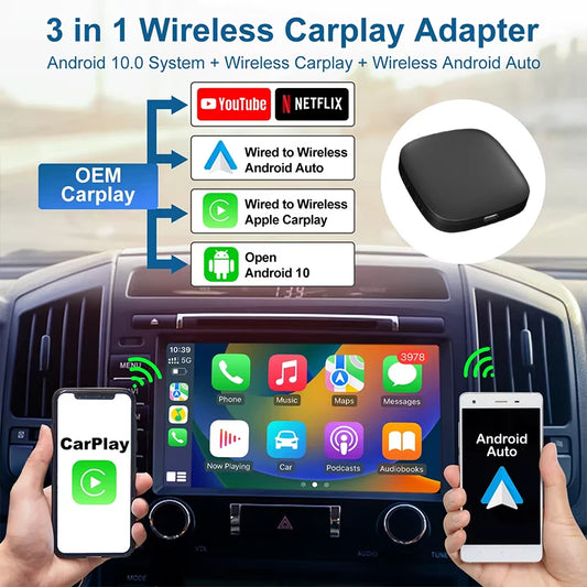 Android 10 System Wireless Carplay Adapter 3-in-1 Supports Google Play Video Play 2+32GB Carplay Box