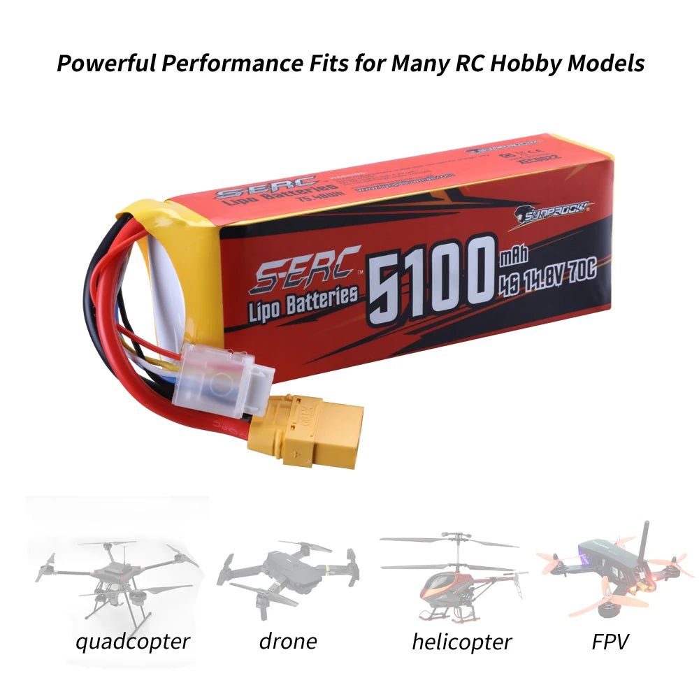 SUNPADOW 4S Lipo Battery for 2250mAh 5100mAh 14.8V 70C with XT90 Connector RC Airplane Aircraft Quadcopter Drone FPV Helicopter