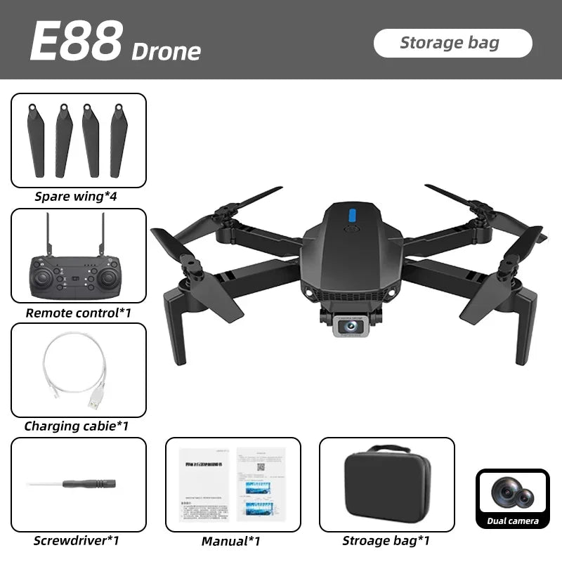 KBDFA E88 PRO Professional Drone HD Camera WiFi FPV Height Hold Foldable Remote Control Aerial Photography Quadcopter Toys Gifts