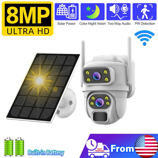 8MP 4K Solar Dual Screen Camera Wireless IP Outdoor HD Surveillance with Battery WiFi & Waterproof Features for Home Security