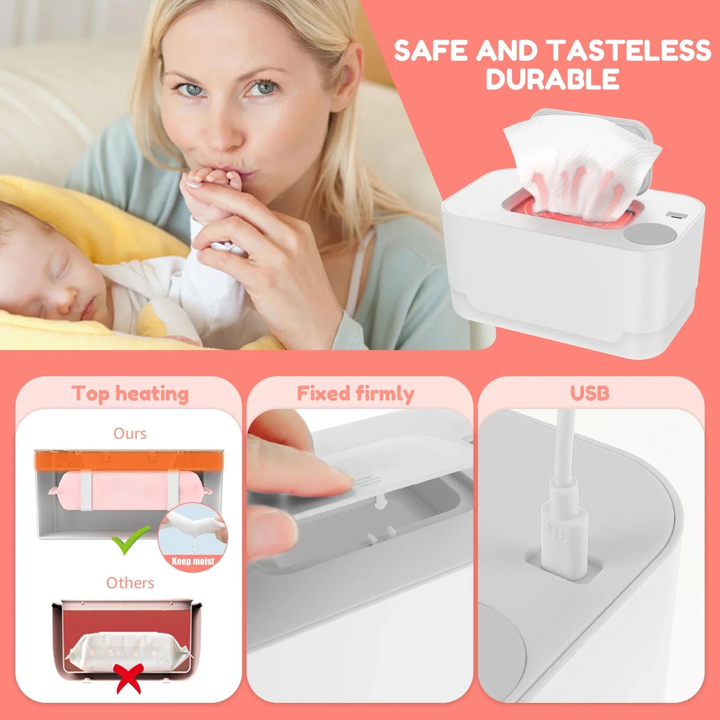 BabyWipe Warmer Heater Wet USB Powered Home/Car Use Portable Wipe Warmer Towel Dispenser Disinfecting Wipes for Baby Nursery2024