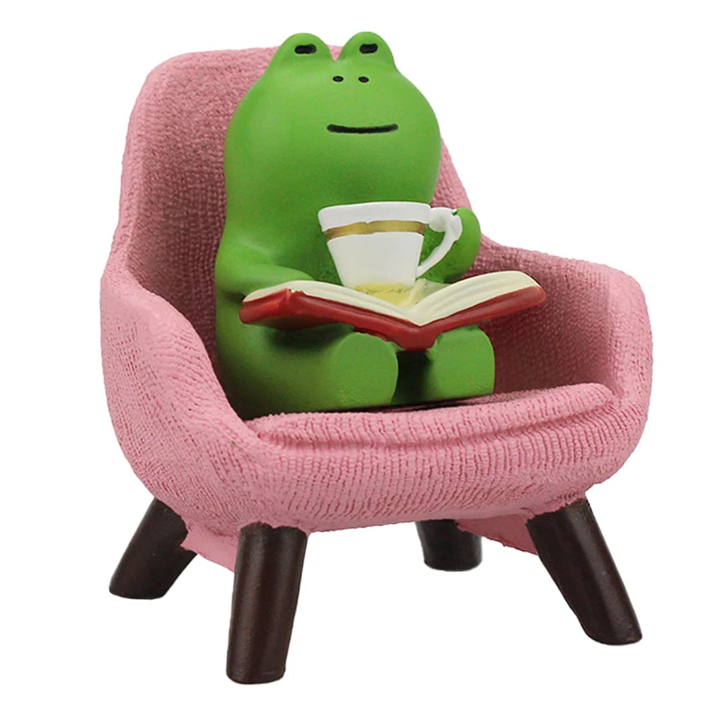 Frog Drinking Coffee Ornament Creative Cartoon Frog Animal Statue Miniature Frog Read Book Figurines for Shelf Desk Decoration