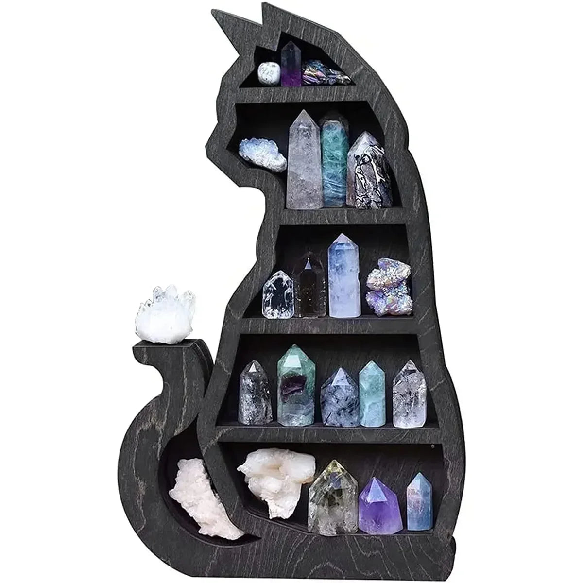 New Wooden Crystal Display Shelf Black Cat Design Decorative Crystal Holder for Crystals Stones Essential Oil Multipurpose