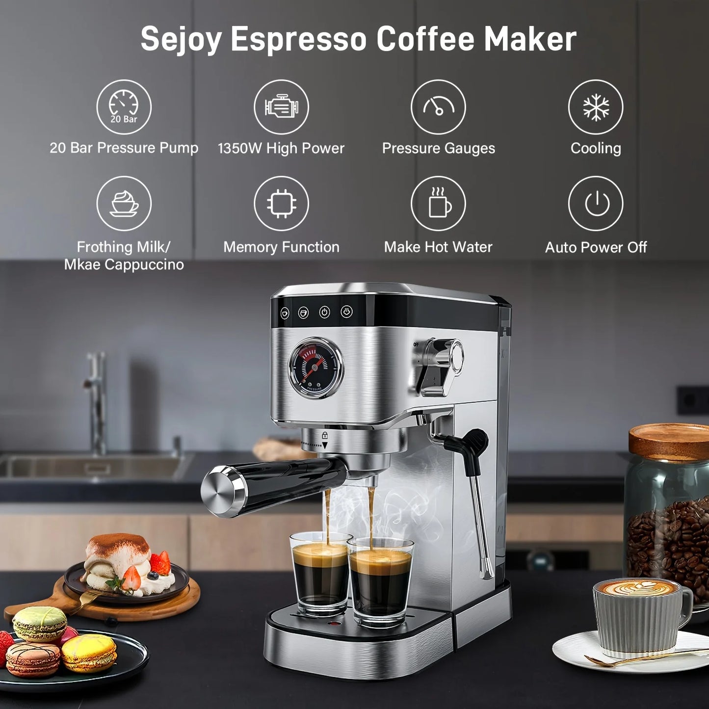 Sejoy Espresso Machine For Newbie Professional Espresso Maker With Milk Forth Steam Wand Latte-art Cup Compact Coffee Machine