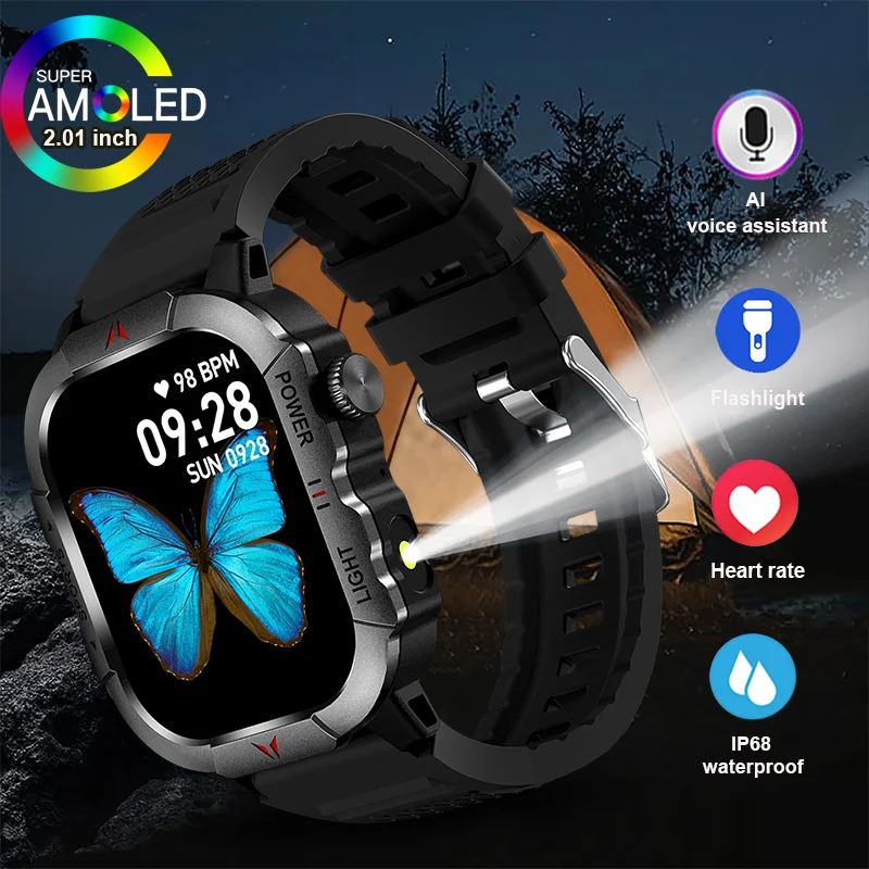 2024 New With Flashlight Smart Watch Men Outdoor Sports Blood Pressure Waterproof Watches Bluetooth Call Smartwatch For Android