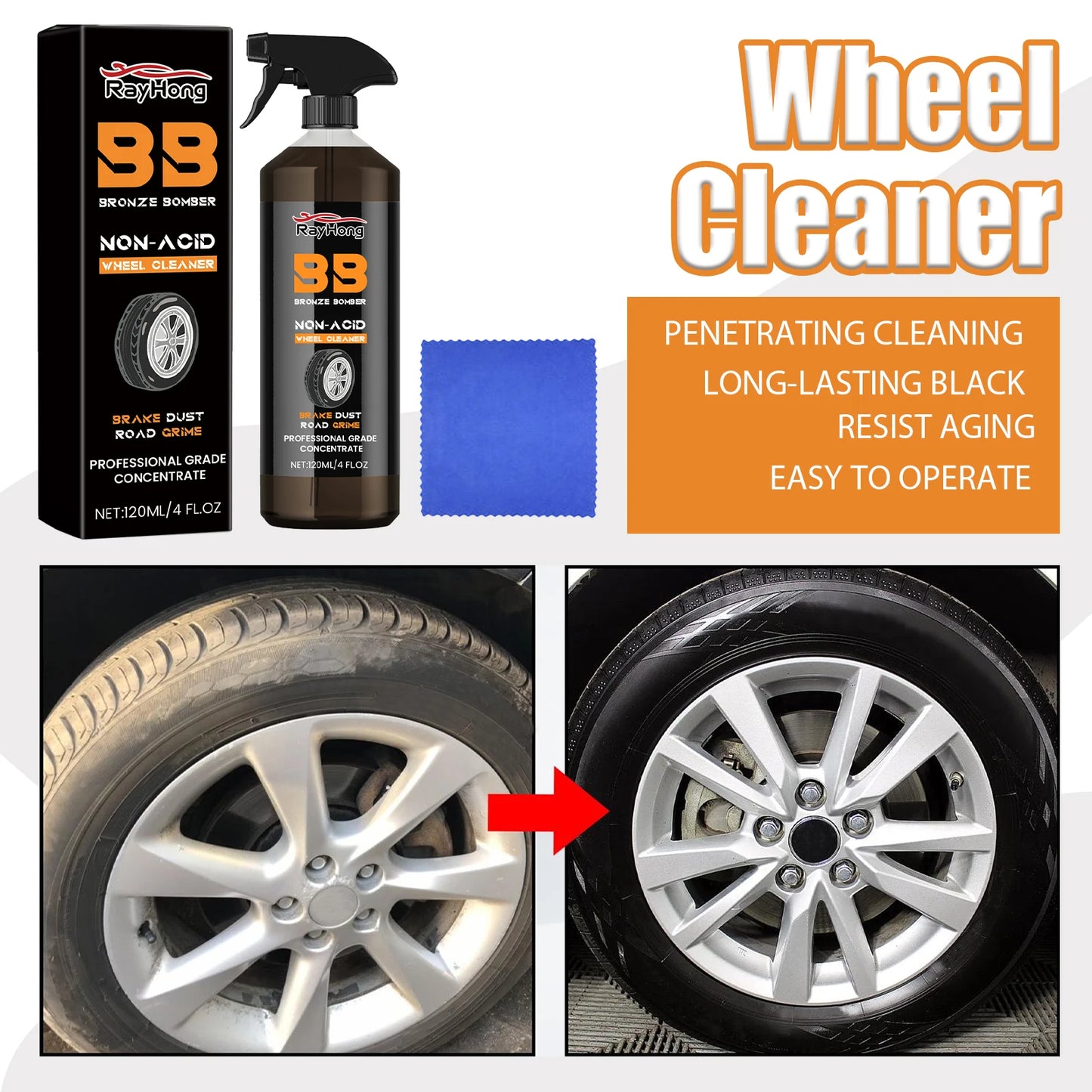 120ml Car Iron Remover Wheel Cleaner Wheel Hub Rust Removal Metal Disc Iron Powder Cleaner Chemical Reaction Car Detailing