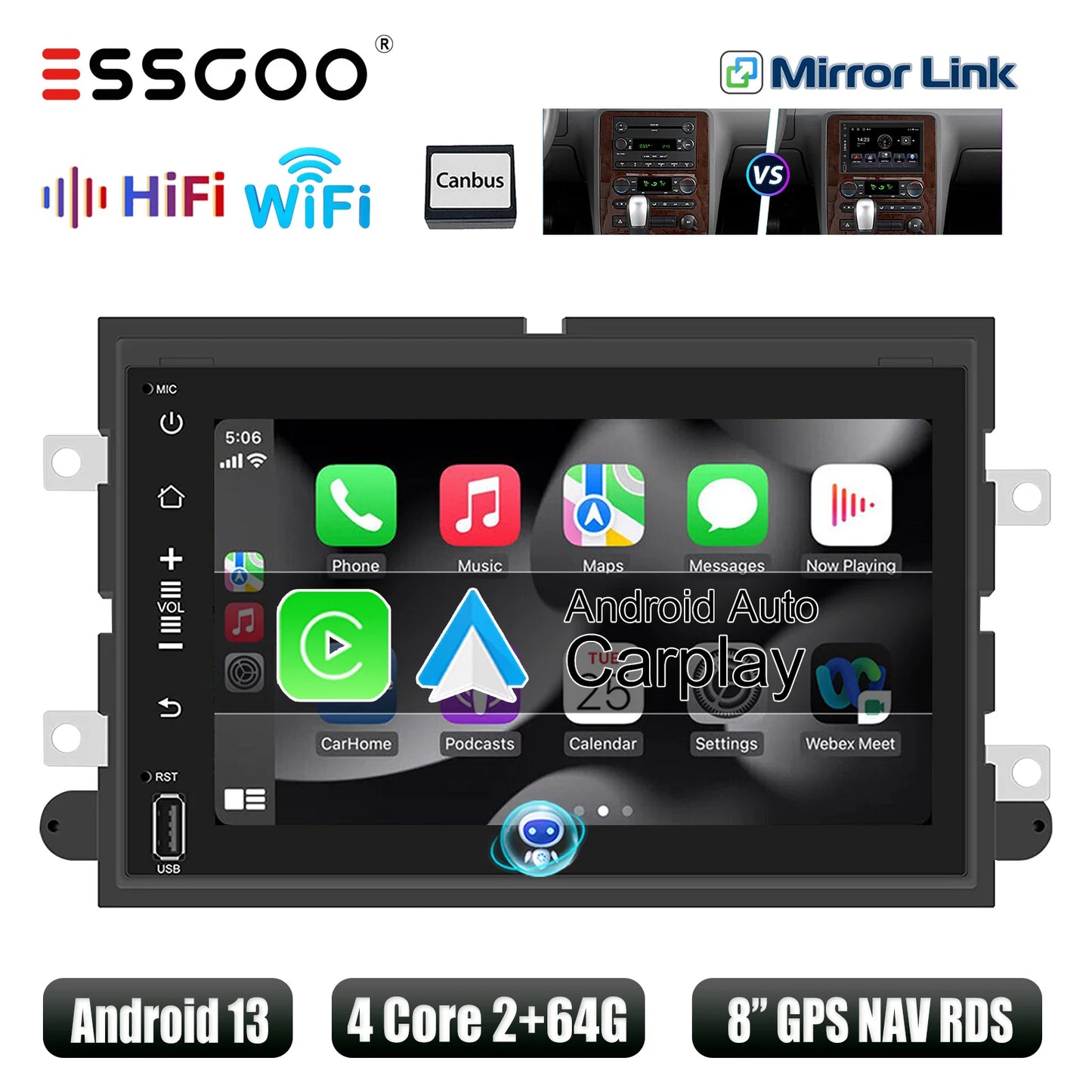 ESSGOO Wireless Carplay Android Auto For Ford F150 250 E350 Mustang 8" Android 13 2+64G Car Stereo GPS WIFI RDS BT FM EQ USB SWC