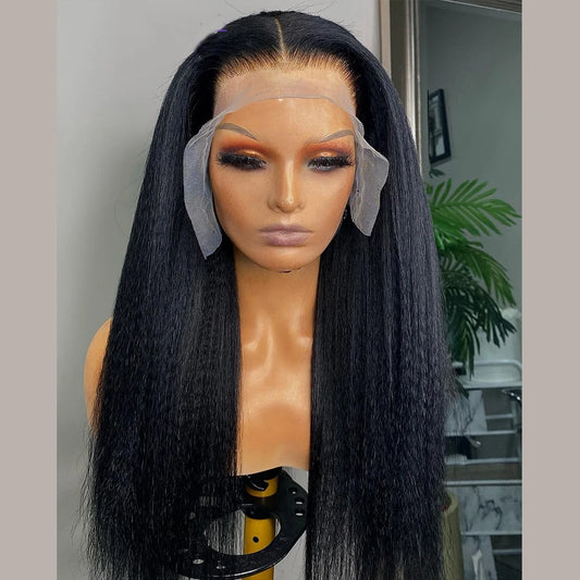 Soft Long 26Inch Yaki Kinky Straight 180Density Natural Black Lace Front Wig For Black Women Preplucked Glueless Baby Hair Daily