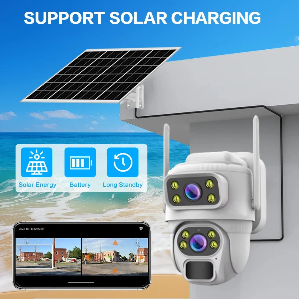 8MP 4K Solar Dual Screen Camera Wireless IP Outdoor HD Surveillance with Battery WiFi & Waterproof Features for Home Security