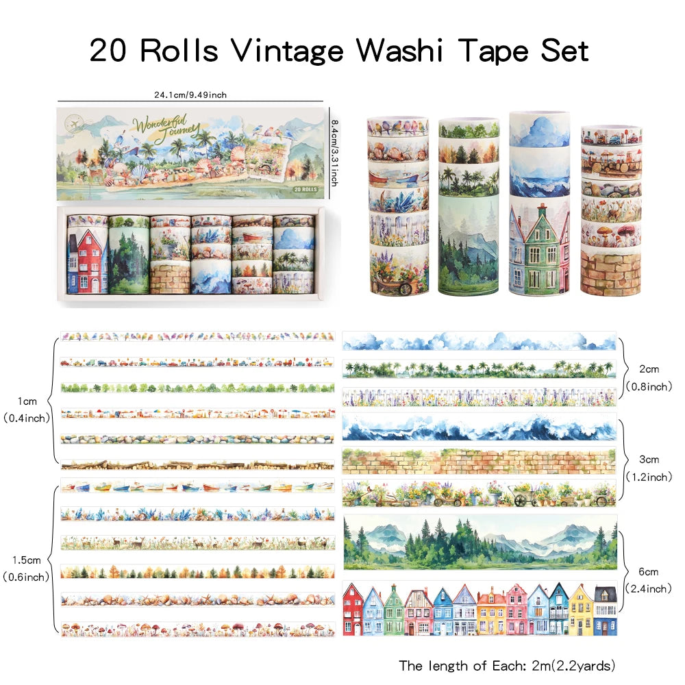 20 rolls Retro Journey Washi Tapes Set 2M Length Decorative Scrapbooking Sticker Masking Tapes For DIY Craft Journaling Supplies