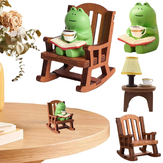 Handmade DIY Micro Rocking Chair Cute Mini Frog Resin Figurine Rocking Chair Design with Book Coffee Home Office Desktop Crafts