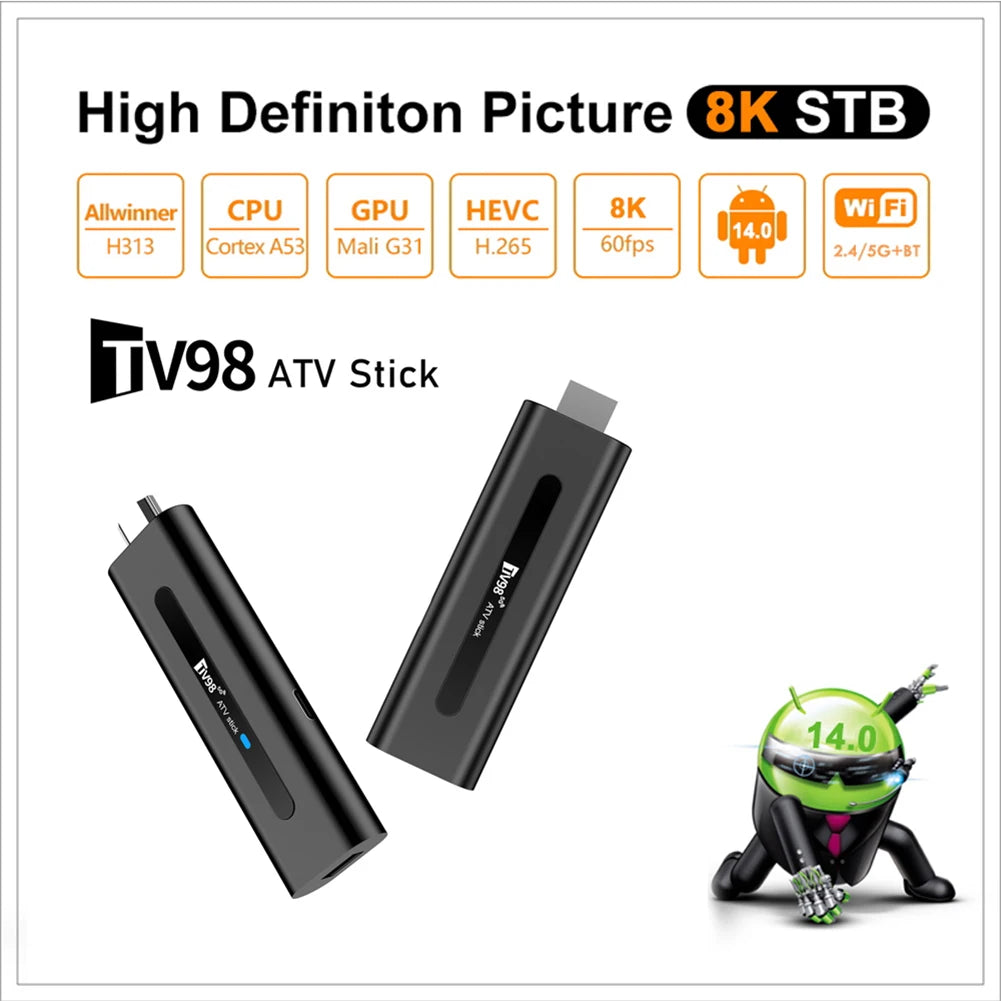 TV98 ATV H313 Mini TV Stick 8K 2.4G/5G WiFi Quad Core BT5.0 Android TV Stick 14.0 Smart TV Box for Network Media Player