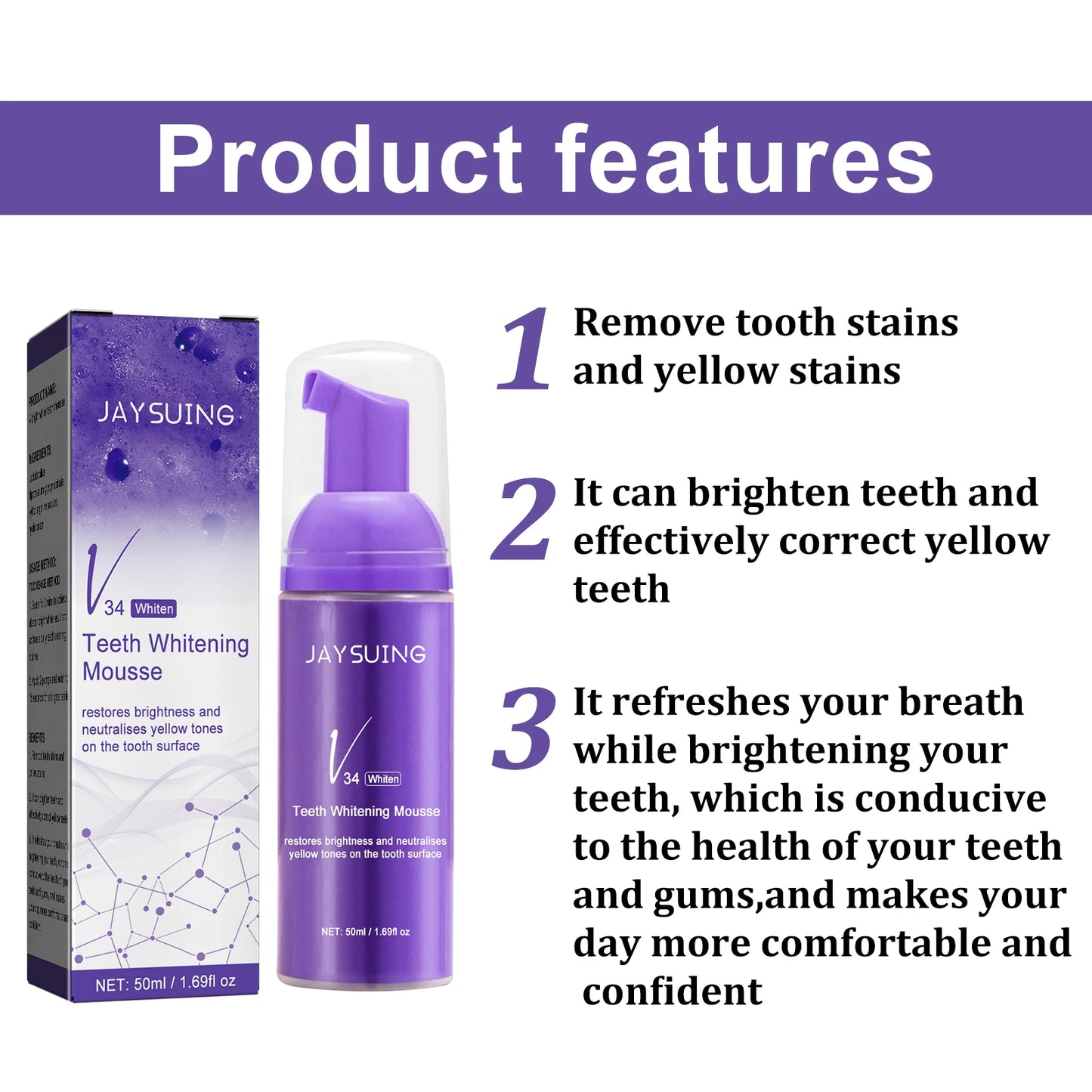 50ML V34 Brighten Whitening Purple Yellow Teeth Toothpaste Foam Cleaning Effective Removing Tooth Stain Oral Cleaning Tooth Care