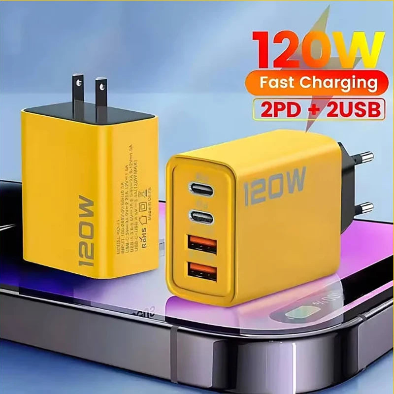 USB Charger Total 120W 4 Port Type C Fast Charging USB Phone Charger Adapter For iPhone Samsung Xiaomi Quick Charge Wall Charger