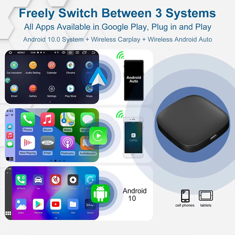 Android 10 System Wireless Carplay Adapter 3-in-1 Supports Google Play Video Play 2+32GB Carplay Box