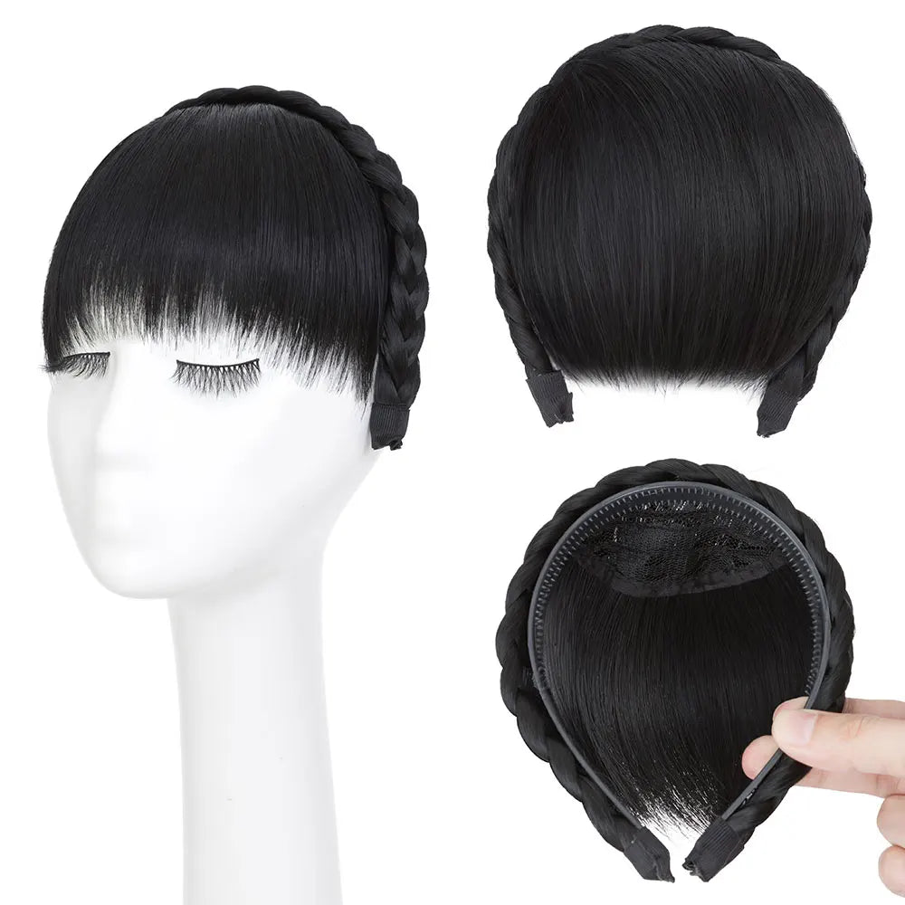 NEW Elegant Braided Headband With Hair Bang for Women Hair Extensions Synthetic Bangs Braided Wig Straight Neat Bangs Hairpieces