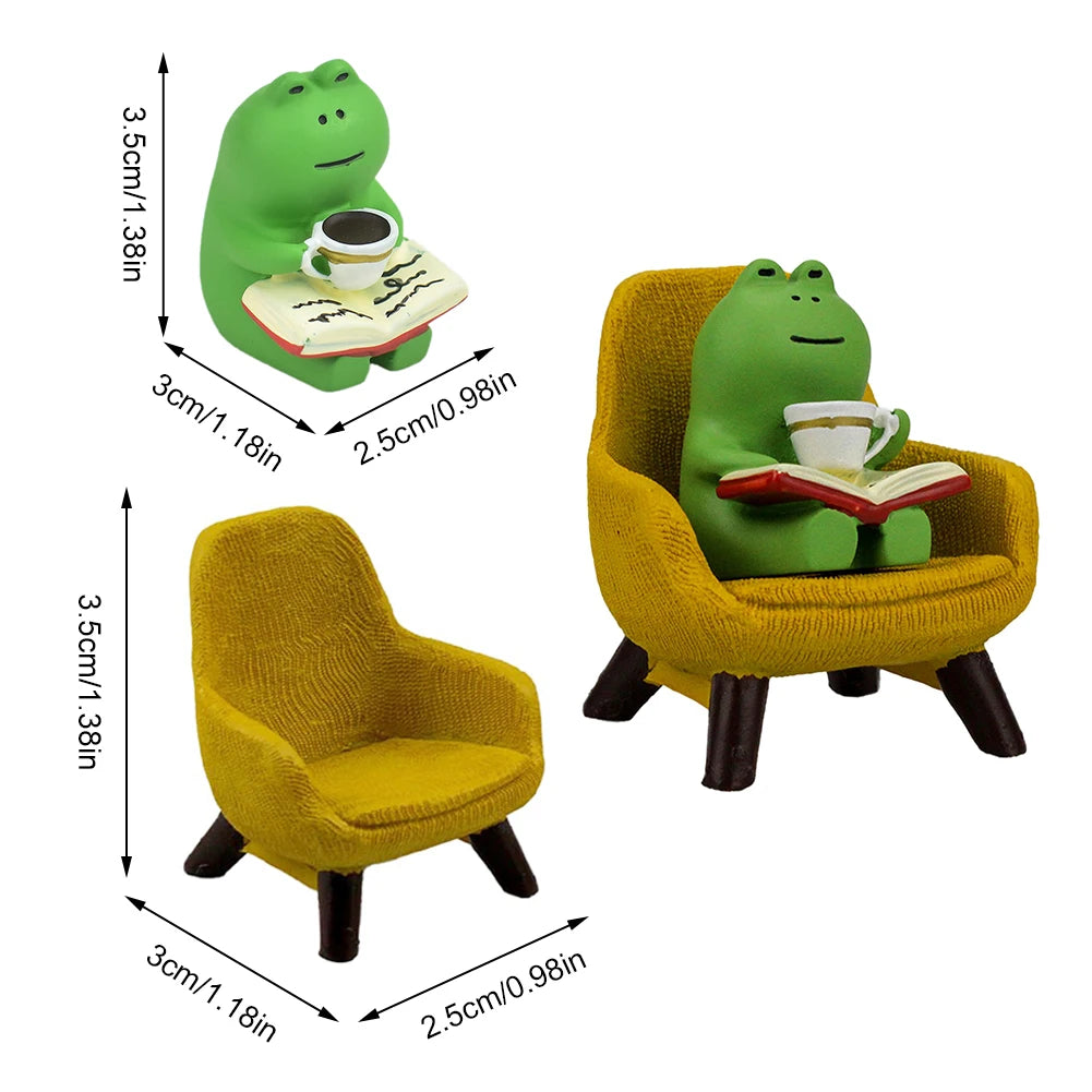 Frog Drinking Coffee Ornament Creative Cartoon Frog Animal Statue Miniature Frog Read Book Figurines for Shelf Desk Decoration