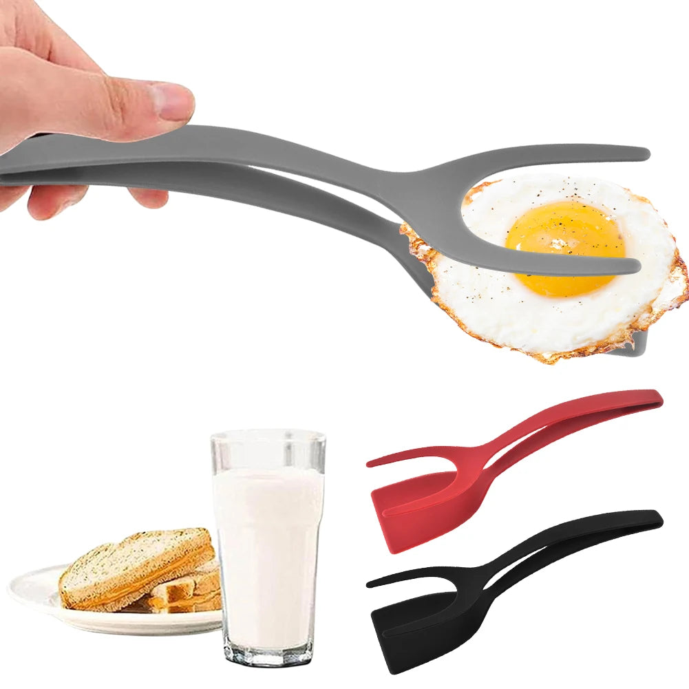 2 In 1 Steak Spatula Tongs Toast Pancake Egg Flip Tongs Silicone Grip Steak Spatula Tongs Clamp Cooking Accessories Gadget Tools