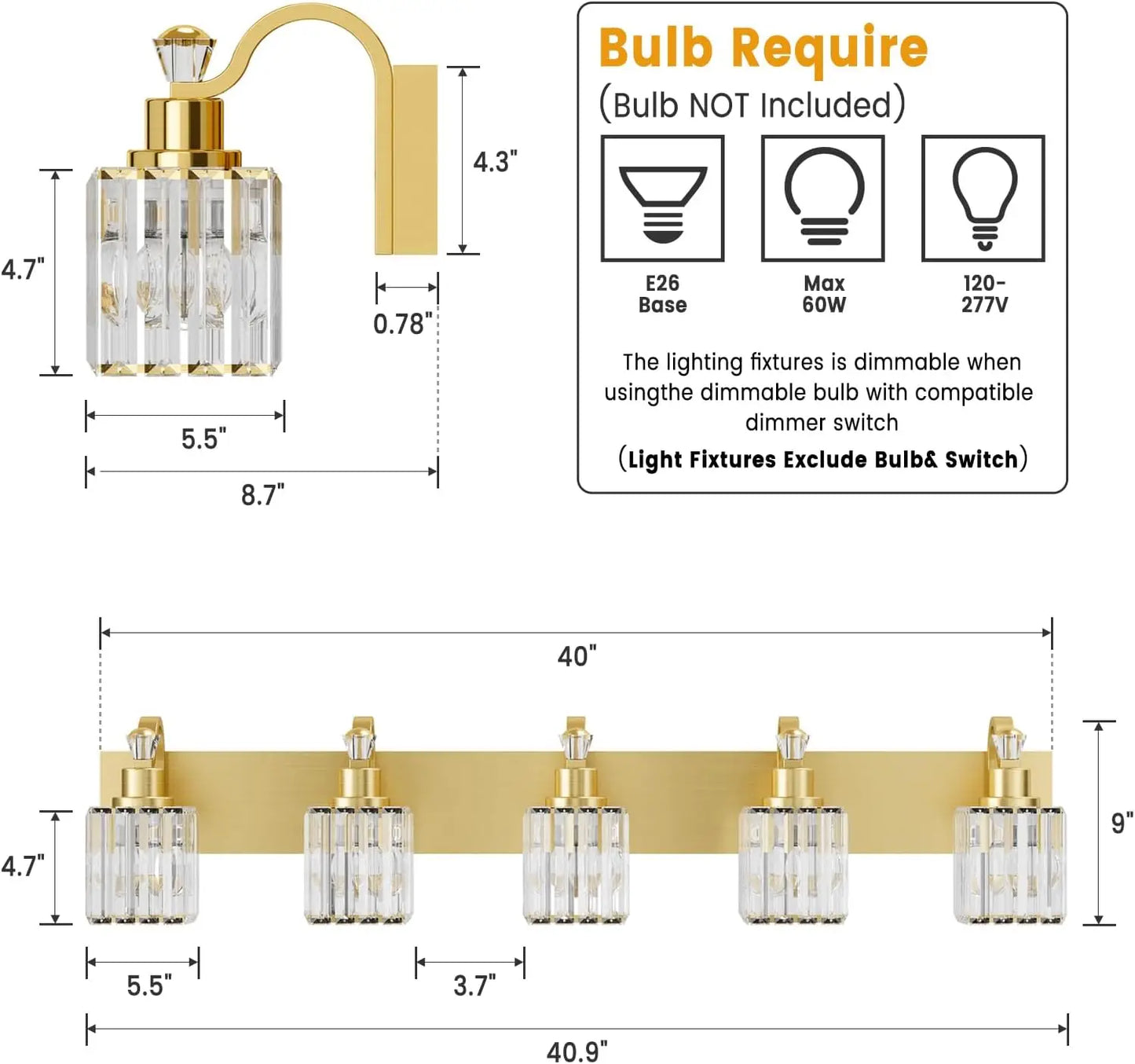 Modern Crystal Bathroom Vanity Lights,Crystal Vanity Shower Lights Over Mirror, Mirror Glass Crystal Bathroom Vanity Lighting