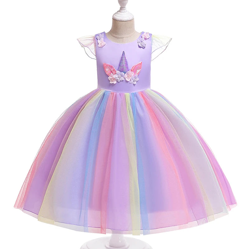 Girl Unicorn Cosplay Party Dress Rainbow Tutu Gown Kids Floral Summer Dresses Girls Birthday Tulle Clothes Children New Costumes